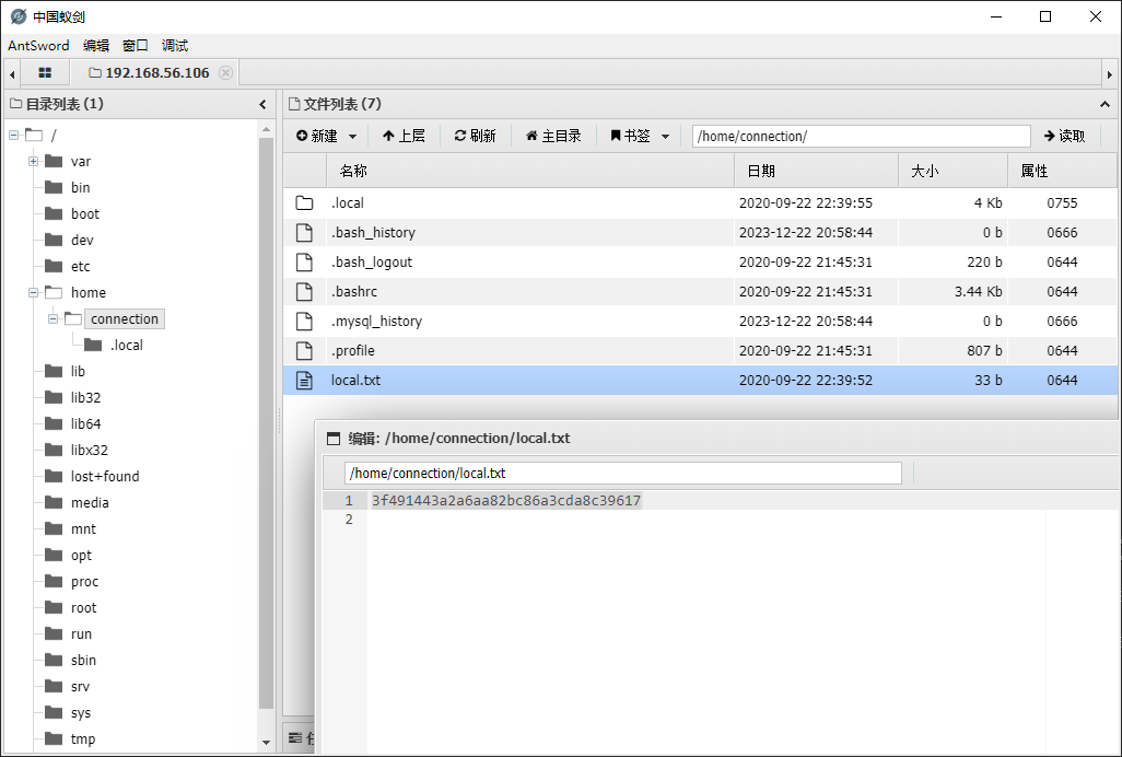 蚁剑 /home/connection/local.txt