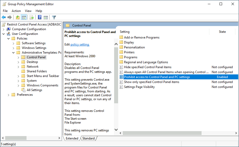 Restrict Access to Control Panel Policy