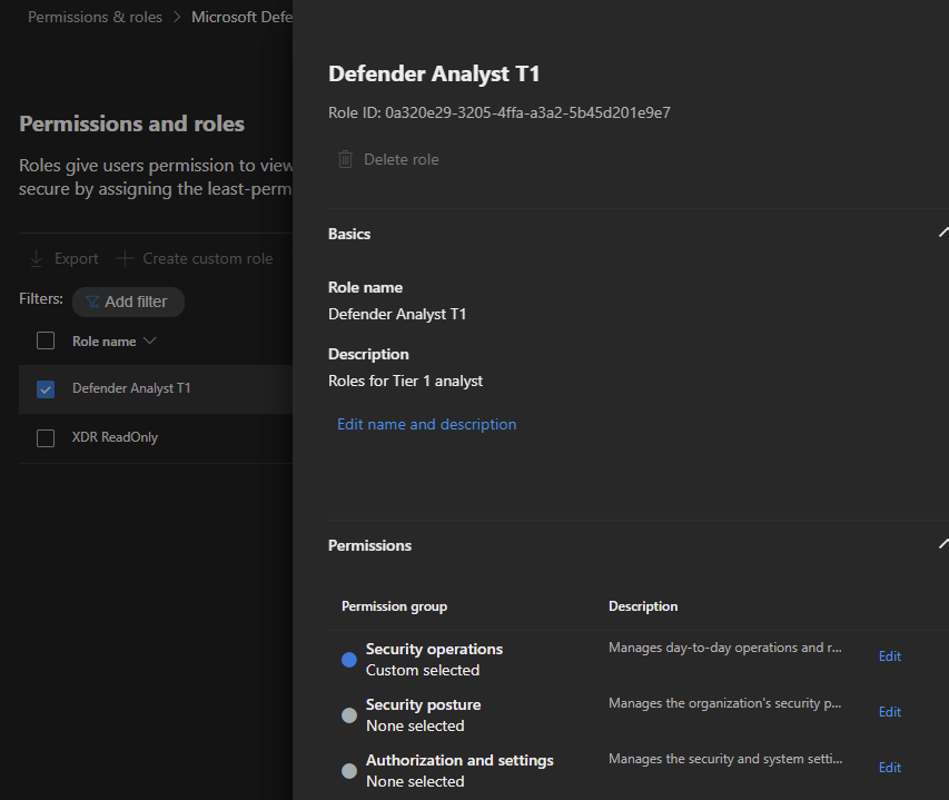 权限和角色,选中 Defender Analyst T1 角色,显示角色详细信息