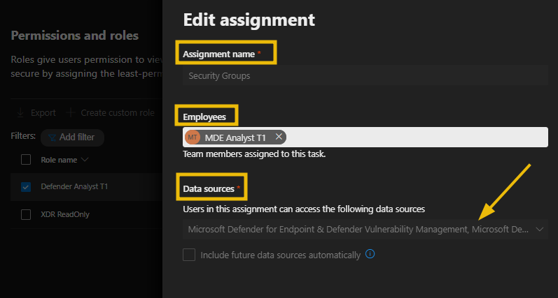 Microsoft Defender XDR 角色的编辑分配界面