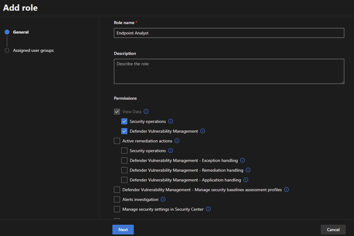 Microsoft Defender XDR 角色设置屏幕显示不同的权限