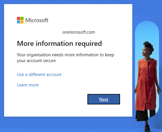 Microsoft 登录屏幕,显示消息“需要更多信息”。