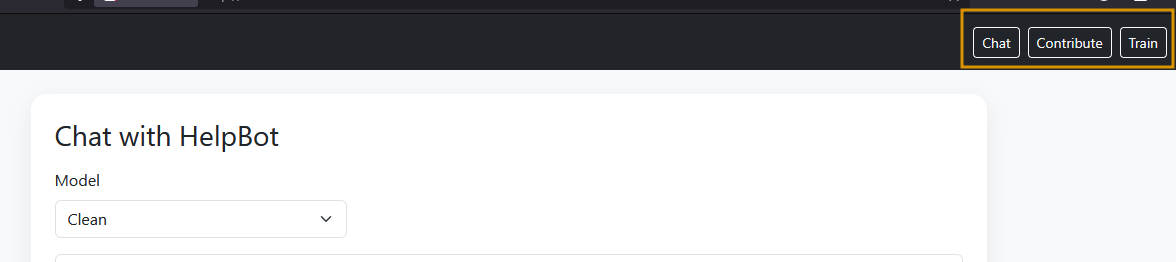 Image of the dashboard with chat, train, and contribute options.