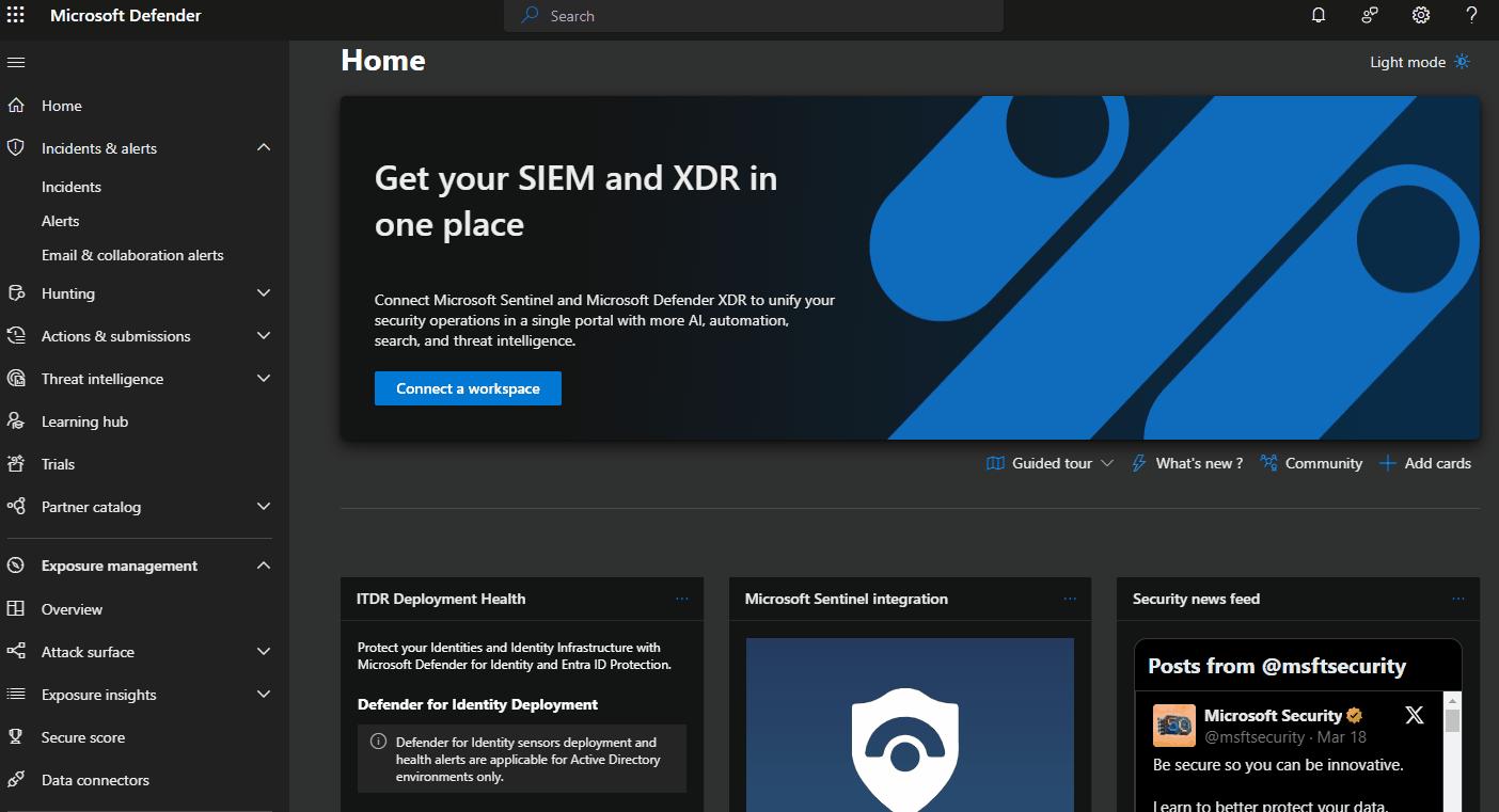 Microsoft Defender portal home showing the different tabs and dashboard cards