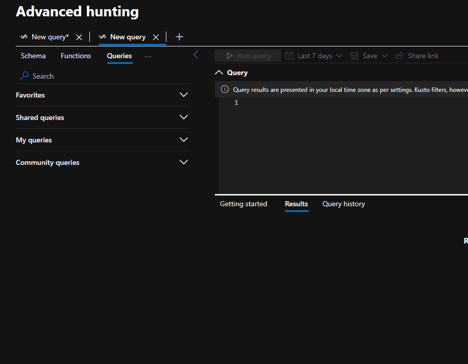 Advanced hunting interface with the Queries tab selected and scrolling down on the different queries