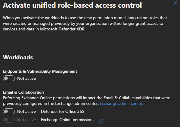 Microsoft Defender XDR Permissions and roles showing Activate unified role-based access control detail