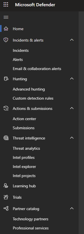 Microsoft Defender navigation pane showing the different tabs