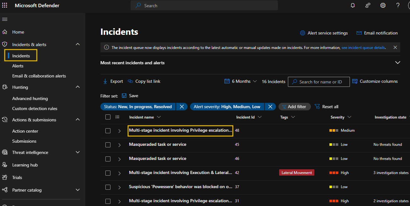 Microsoft Defender XDR incidents dashboard highlighting Incidents and a Multi-stage incident alert.