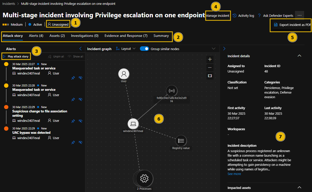 The Microsoft Defender XDR security incident management interface titled "Multi-stage incident involving Privilege escalation on one endpoint." The interface includes the incident details for investigation.
