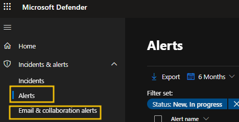 Microsoft Defender XDR portal highlighting Alerts, Email &amp; collaboration alerts
