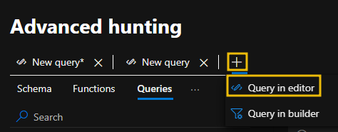 Advanced hunting screen with "+" highlighted and Query in editor highlighted