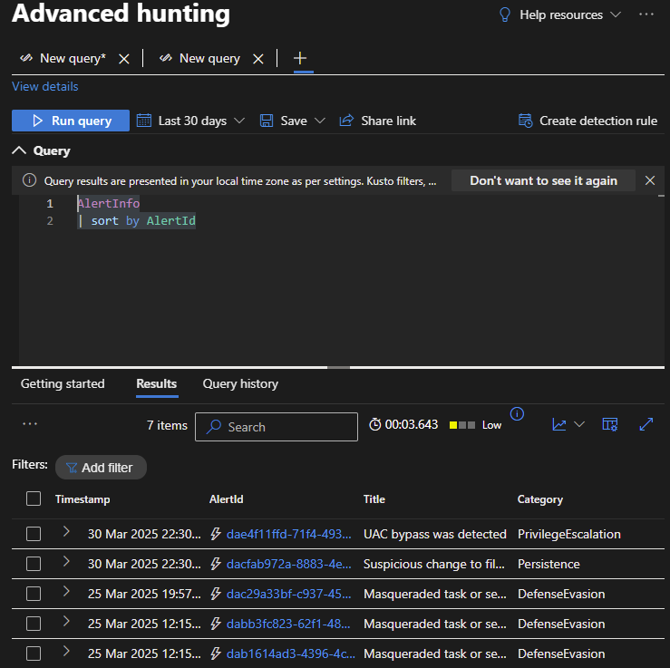 Advanced hunting screen with a query; AlertInfo | sort by AlertId