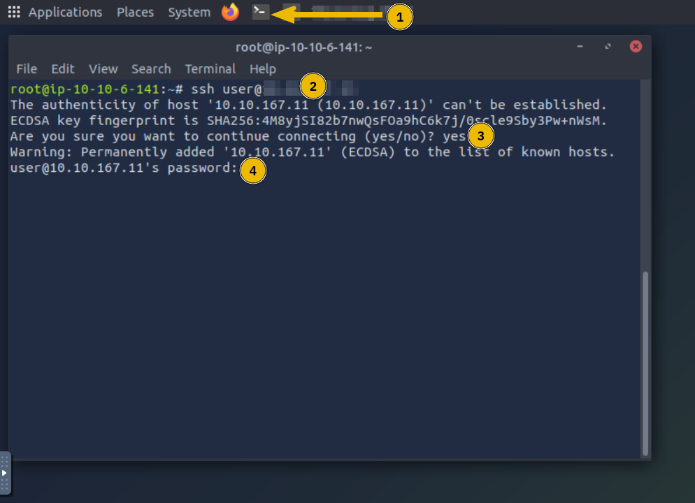 Starting the terminal on the AttackBox and connecting the target VM using SSH.