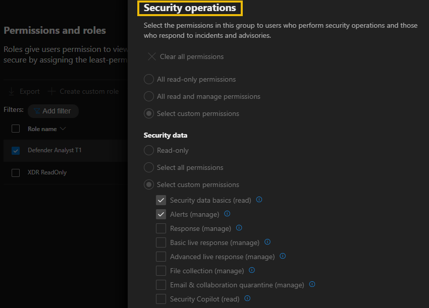 Security posture permissions details screen showing each permission