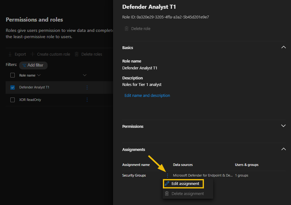 Permissions and roles with the role Defender Analyst T1 role selected showing the role details and Edit assignment highlighted