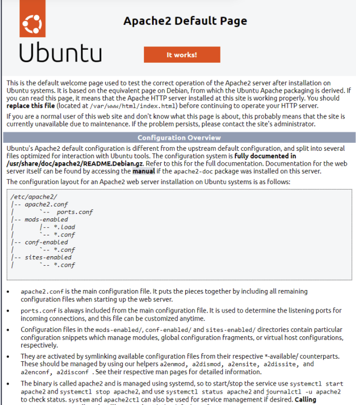The default landing page of apache2 which can be used to confirm that the service is running