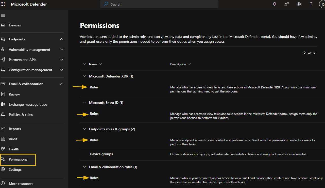 Microsoft Defender Permissions screen showing the different Defender products