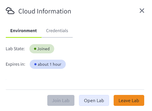 'Cloud Information' window showing the status of a lab environment. The 'Environment' tab is selected, and the 'Credentials' tab is not.