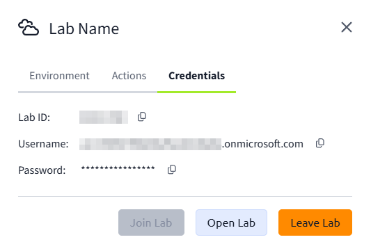 Lab instruction displays the Credentials tab with a Lab ID, a Username and a masked Password. At the bottom are three buttons: Join Lab (greyed out), Open Lab (blue), and Leave Lab (orange).